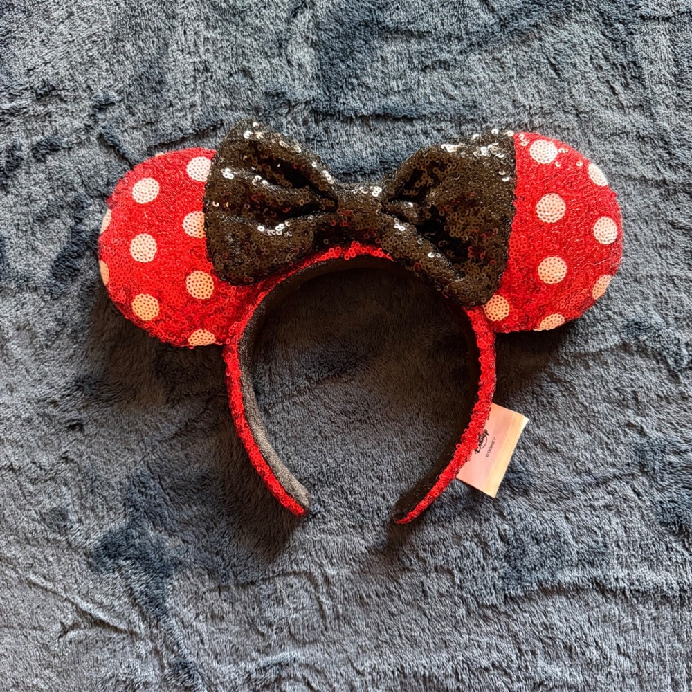 Disney Parks Minnie Mouse Red Sequin Polka Dot Ears Black Bow Headband - D1504
